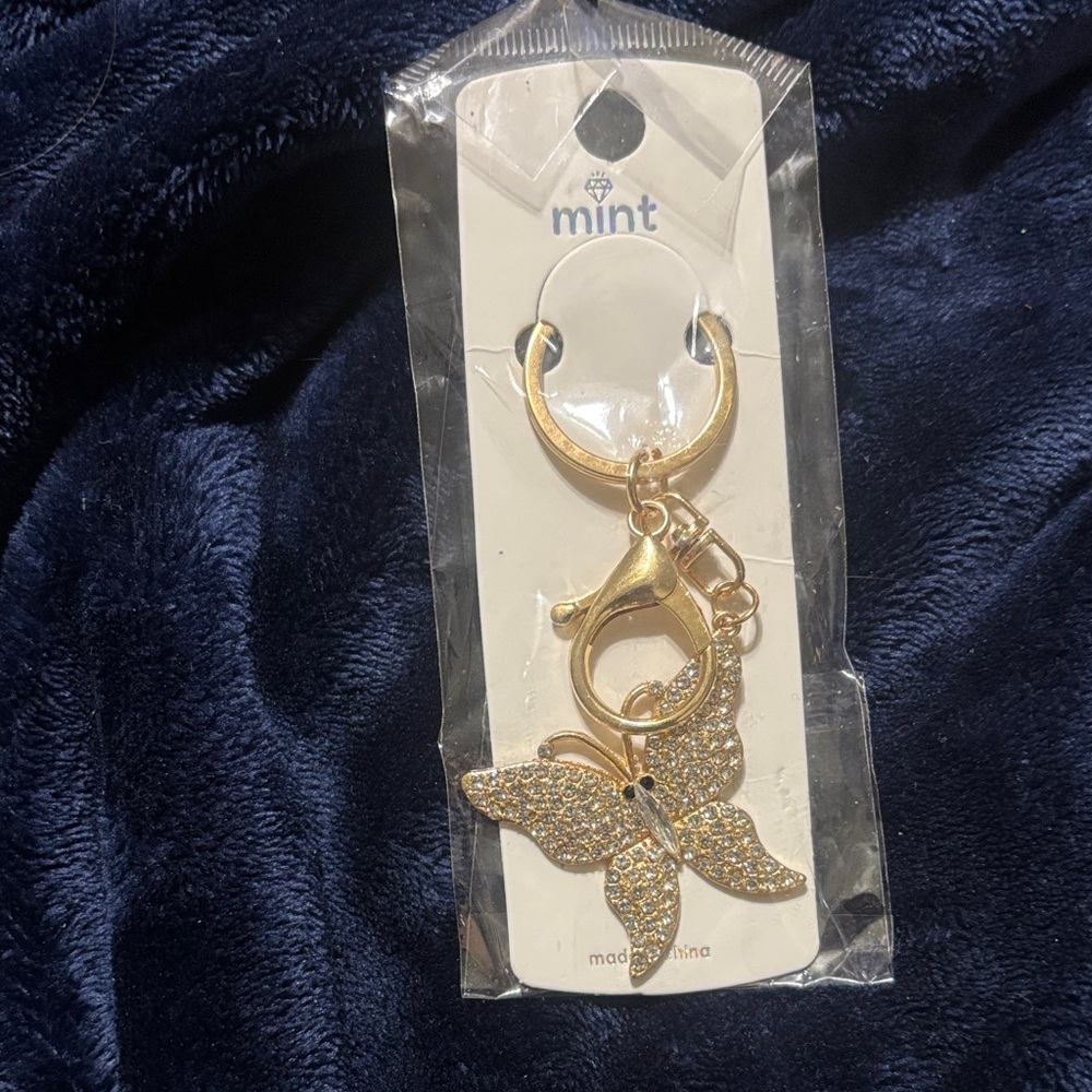 Gold Butterfly Bag Charm with Rhinestone Accents